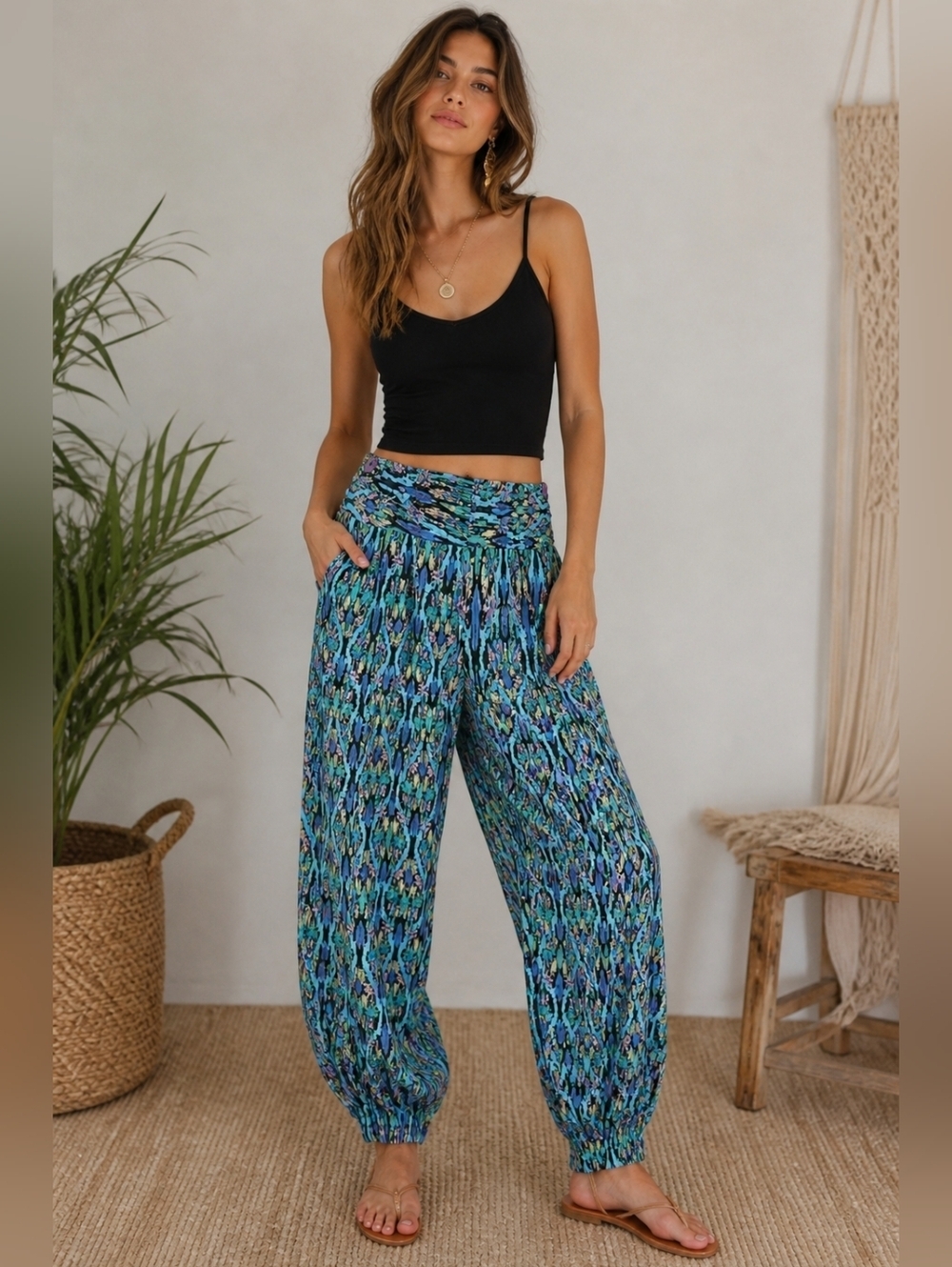 GAIA Boho Abstract Print Harem Style Pants In Blue/green Multi. Size S/M